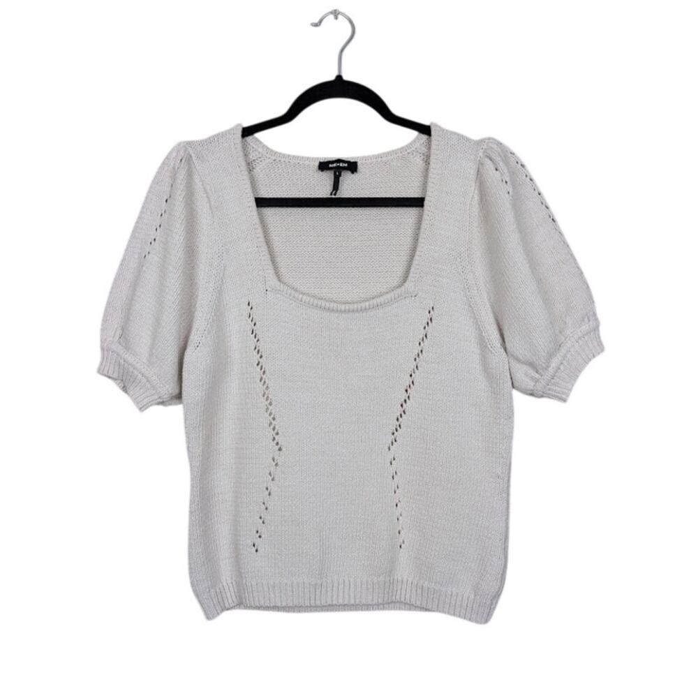 ME + EM | Beige Off-White Puff Sleeve Square Neck Short Sleeve Sweater L
